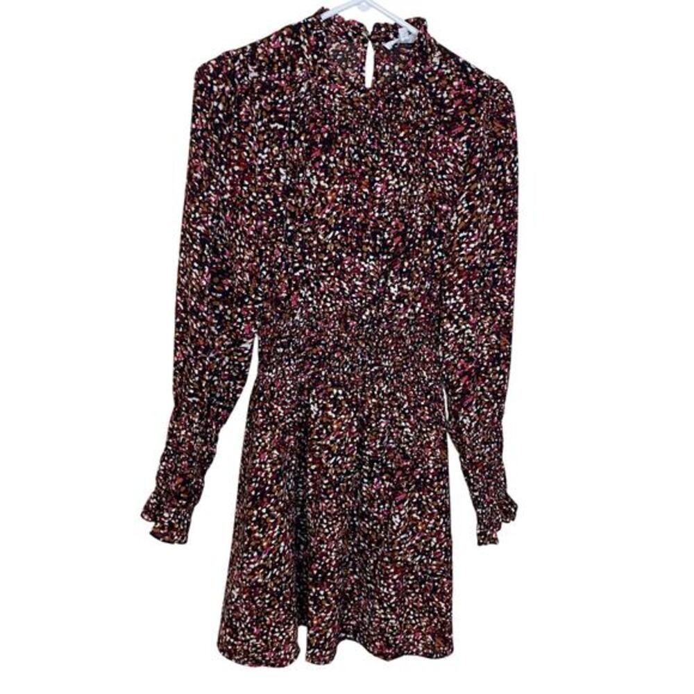 THML Burgundy Abstract‎ Confetti Smocked Waist Ruffle Neck Mini Dress Size S - Picture 3 of 13